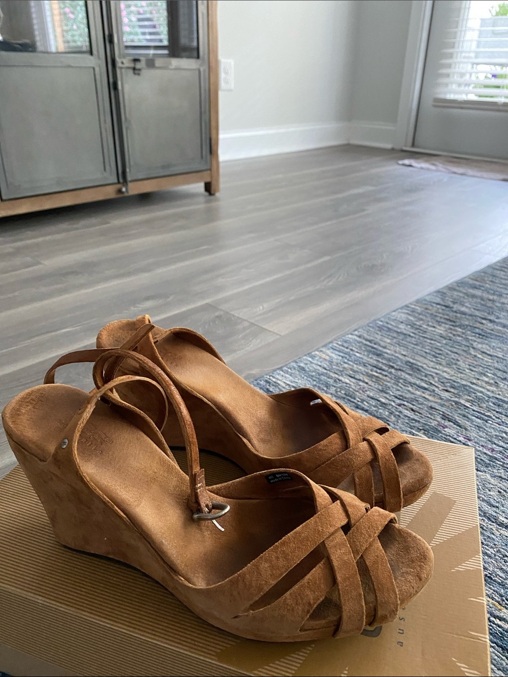 UGG Brown Suede Wedge Sandals with Ankle Strap